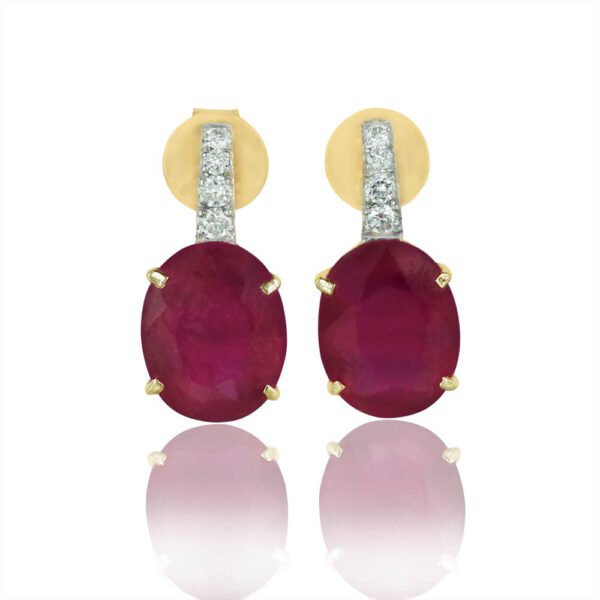 Four Diamond Oval Ruby Earrings in 18K Yellow Gold