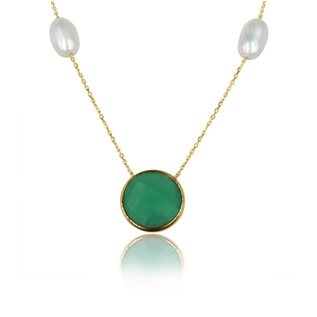 Green Onyx Necklace in 18K Yellow Gold with Pearls