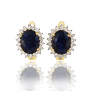 Oval Blue Sapphire Earrings with Diamonds in 18K Yellow Gold