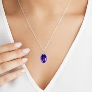 Amethyst Diamonds Oval Pendant in 18K White Gold