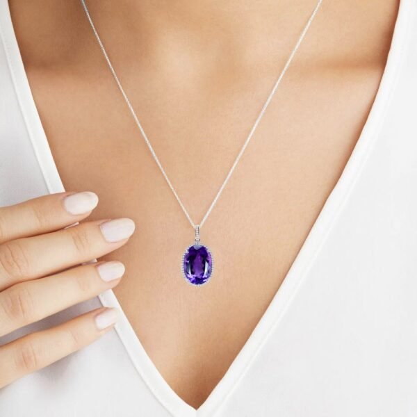 Amethyst Diamonds Oval Pendant in 18K White Gold