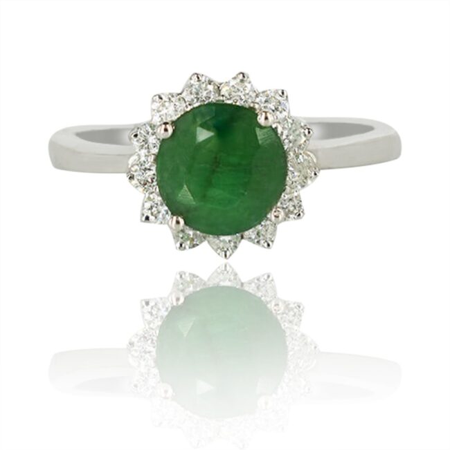 Round Emerald Ring with Diamonds in 18K White Gold