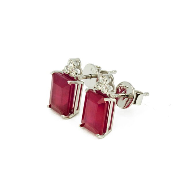 Ruby Trio Diamonds Emerald-cut Earrings in 18K White Gold