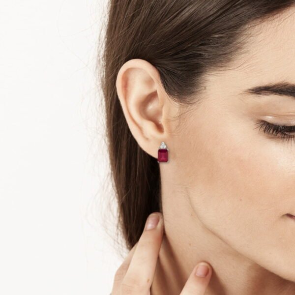 Ruby Trio Diamonds Emerald-cut Earrings in 18K White Gold - Image 2