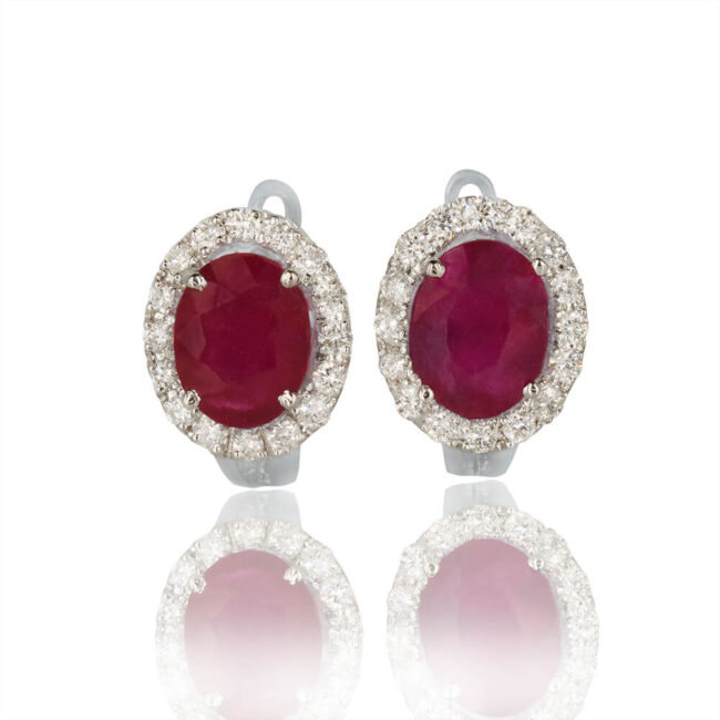 Ruby Halo Style Oval Earrings with Diamonds in 18K White Gold