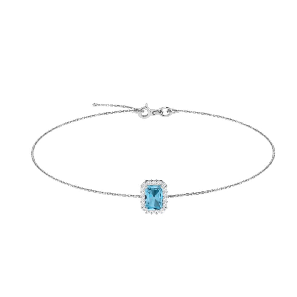 Diana Emerald  Cut Blue Topaz and Glinting Diamond Bracelet in 18K Gold (0.25ct)