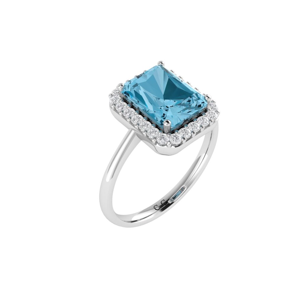 Diana Emerald  Cut Blue Topaz and Glinting Diamond Ring in 18K Gold (1ct)