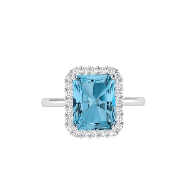 Diana Emerald  Cut Blue Topaz and Glinting Diamond Ring in 18K Gold (1ct)