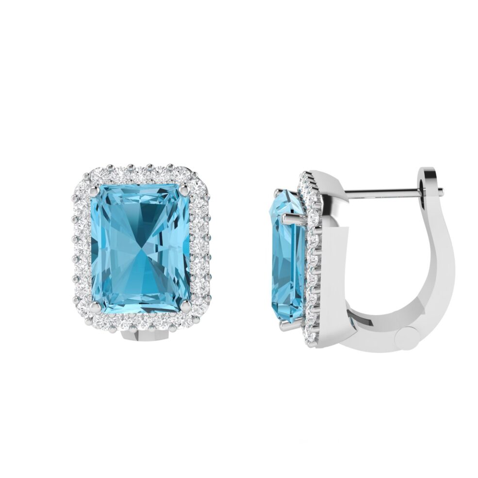 Diana Emerald Cut Blue Topaz and Glinting Diamond Earrings in 18K Gold (2ct)