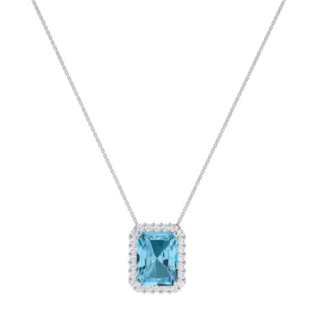 Diana Emerald  Cut Blue Topaz and Glinting Diamond Necklace in 18K Gold (1ct)