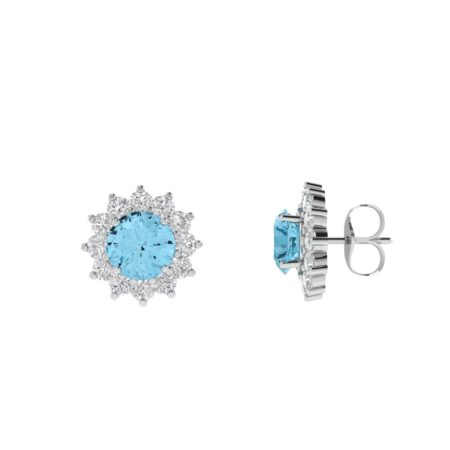 Diana Round Blue Topaz and Glistering Diamond Earrings in 18K White Gold (2ct)