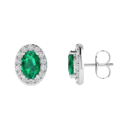Diana Oval Emerald and Glittering Diamond Earrings in 18K White Gold (5.2ct)