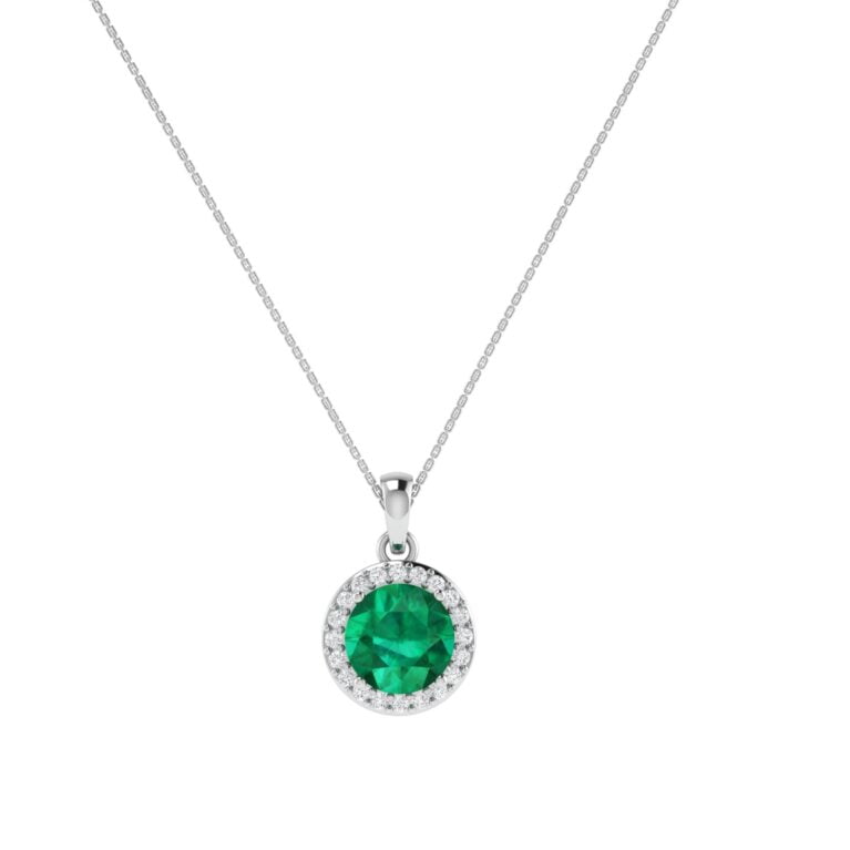 Diana Round Emerald and Glittering Diamond Pendant in 18K White Gold (2.2ct)