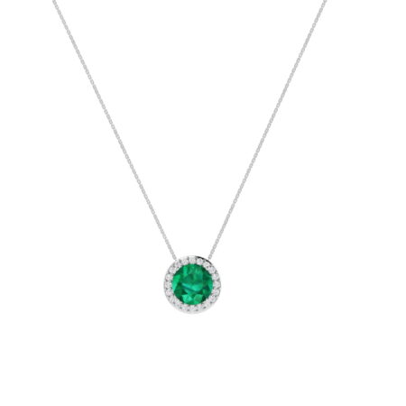 Diana Round Emerald and Glittering Diamond Necklace in 18K White Gold (2.2ct)