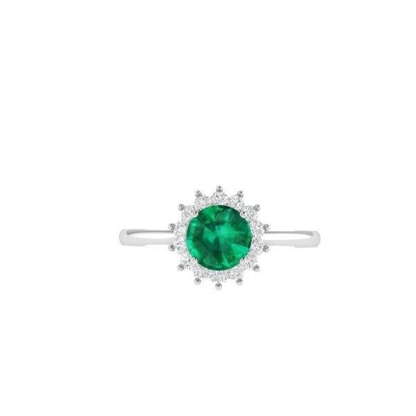 Diana Round Emerald and Glittering Diamond Ring in 18K White Gold (0.8ct)