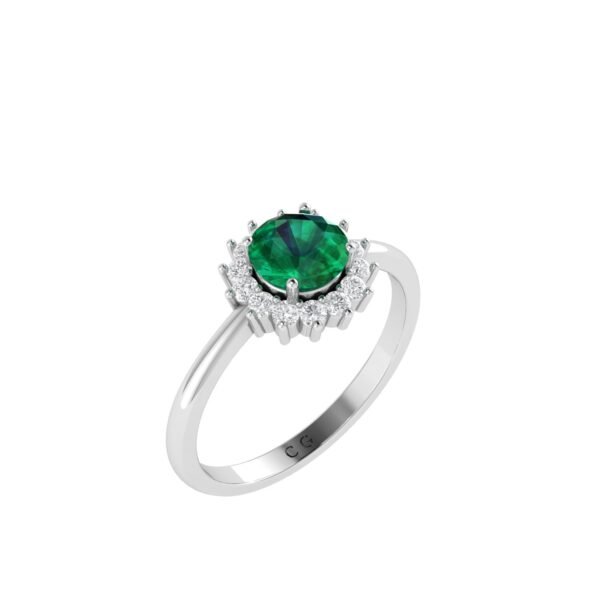 Diana Round Emerald and Glittering Diamond Ring in 18K White Gold (0.8ct)