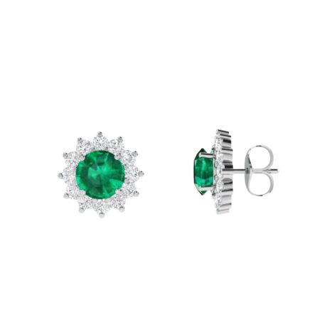 Diana Round Emerald and Glistering Diamond Earrings in 18K White Gold (1.6ct)