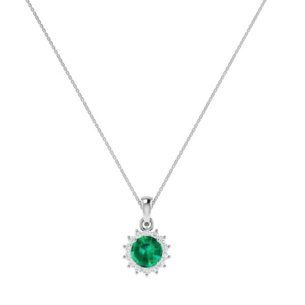 Diana Round Emerald and Glittering Diamond Pendant in 18K White Gold (0.8ct)