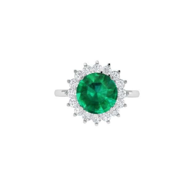 Diana Round Emerald and Glinting Diamond Ring in 18K White Gold (2.2ct)