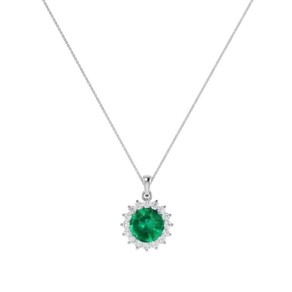 Diana Round Emerald and Glinting Diamond Pendant in 18K White Gold (2.2ct)
