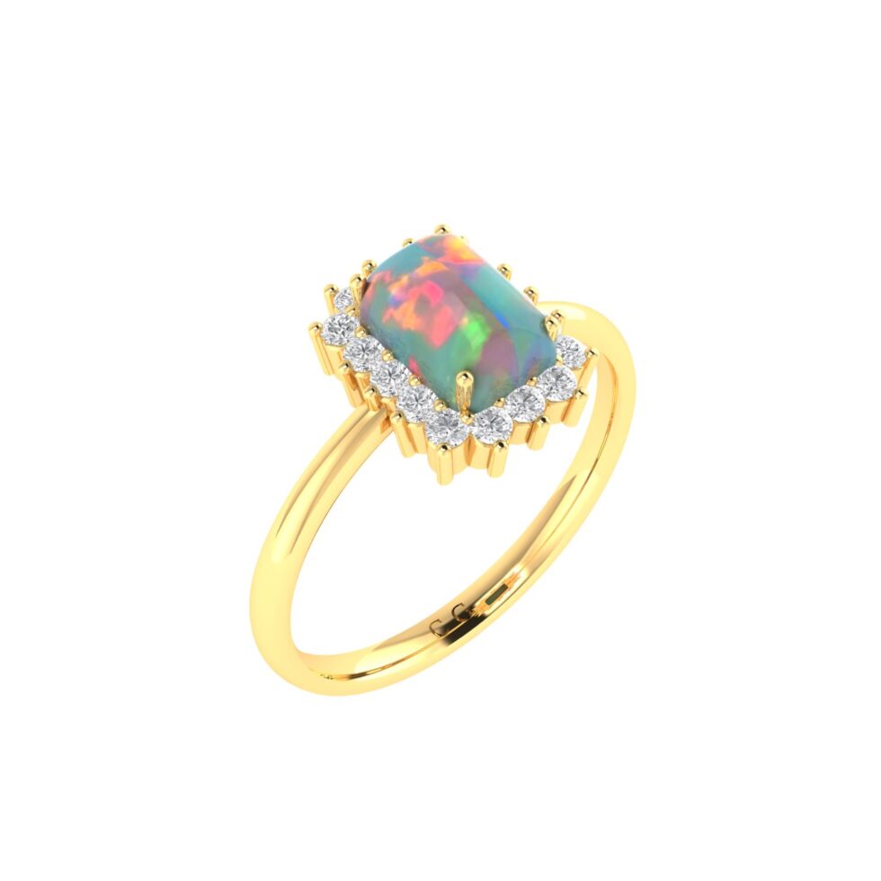 Diana Emerald-Cut Opal and Shining Diamond Ring in 18K Yellow Gold (0.6ct)