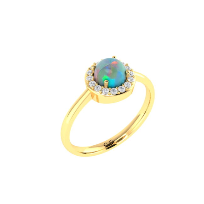 Diana Round Opal and Shining Diamond Ring in 18K Gold (0.34ct)