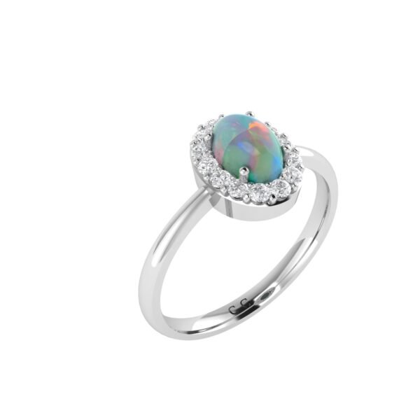 Diana Oval Opal and Shining Diamond Ring in 18K White Gold (1.03ct)