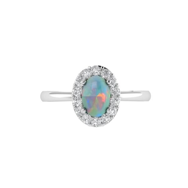 Diana Oval Opal and Shining Diamond Ring in 18K White Gold (1.03ct)