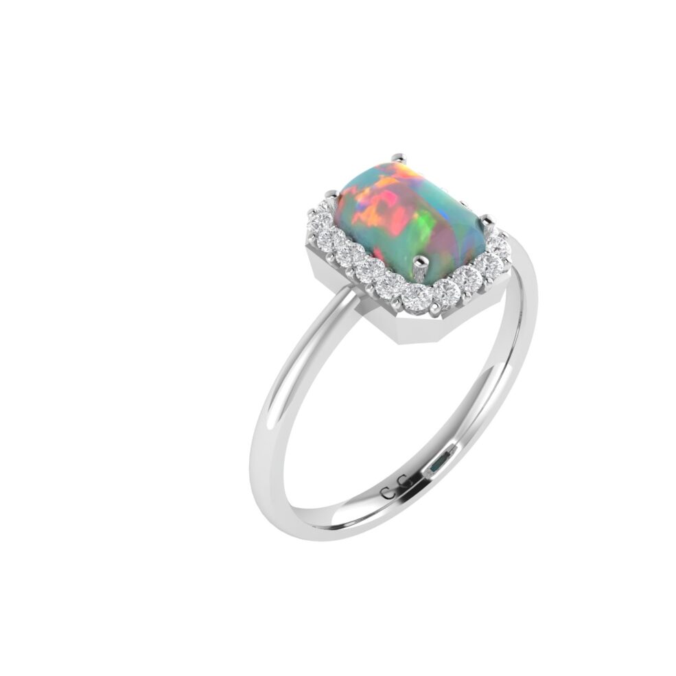 Diana Emerald Cut Opal and Shining Diamond Ring in 18K Gold (0.13ct)