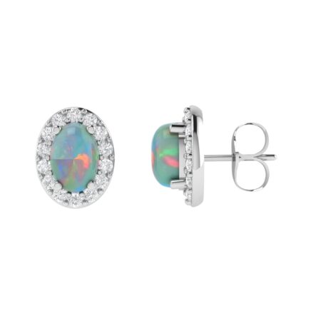 Diana Oval Opal and Shining Diamond Earrings in 18K White Gold (2.06ct)