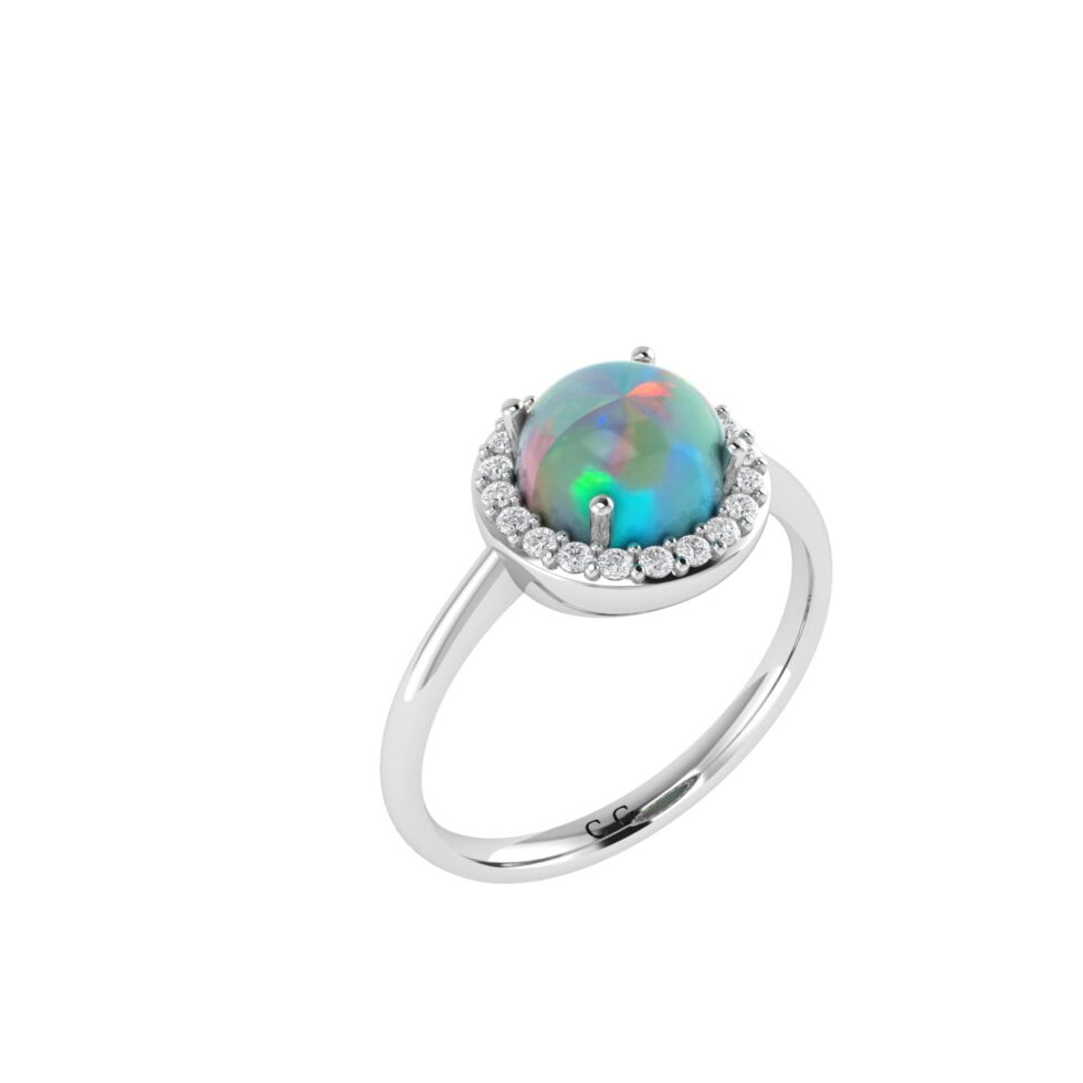 Diana Round Opal and Shining Diamond Ring in 18K White Gold (1.3ct)