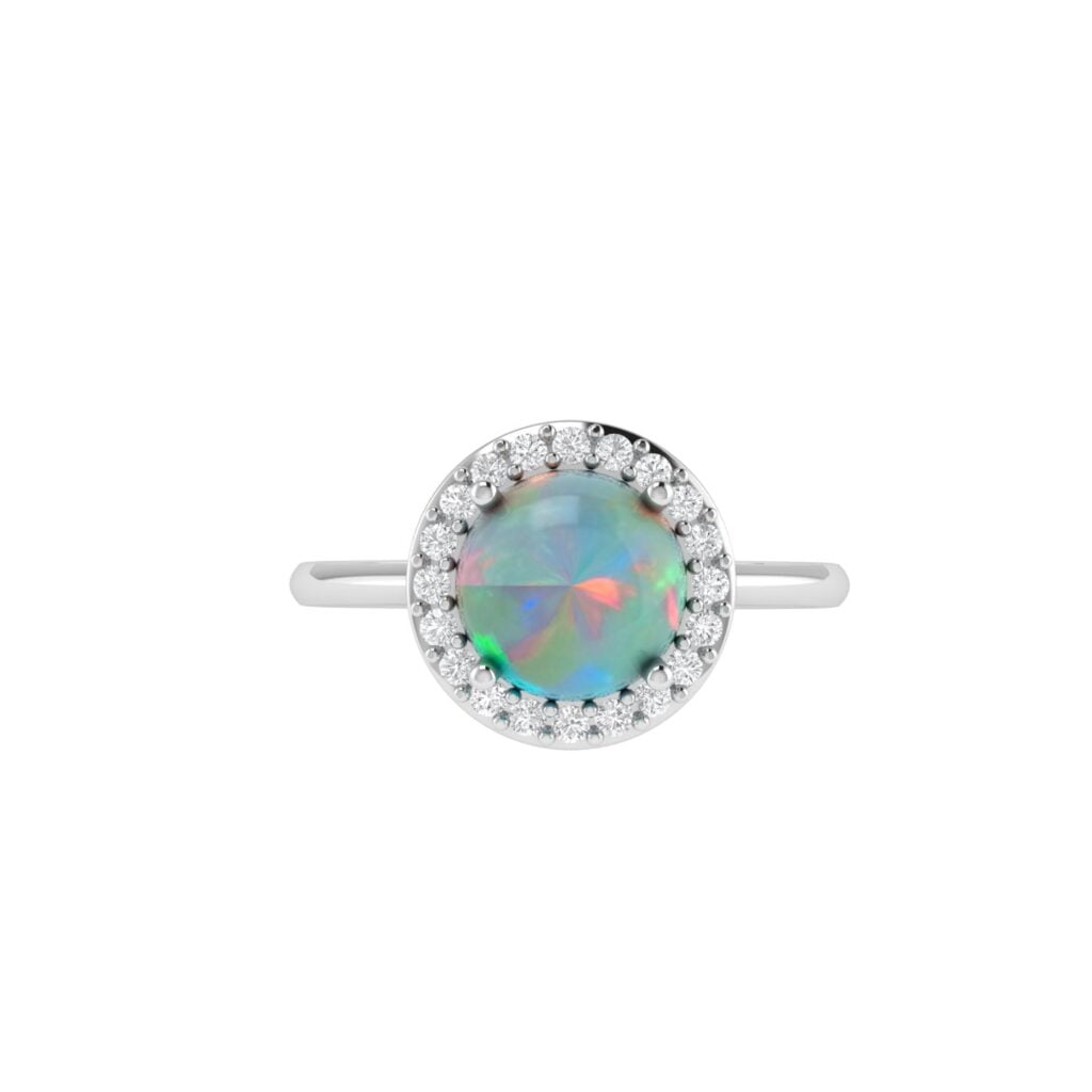 Diana Round Opal and Shining Diamond Ring in 18K White Gold (1.3ct)