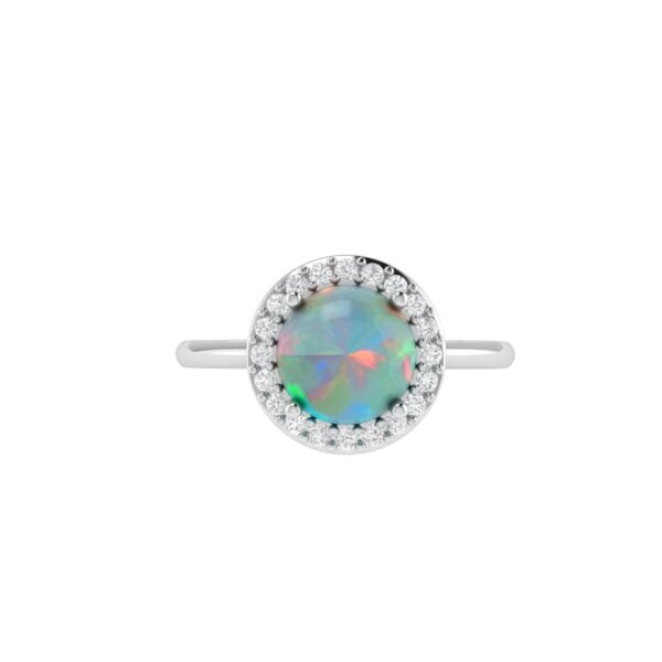 Diana Round Opal and Shining Diamond Ring in 18K White Gold (1.3ct)