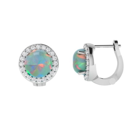 Diana Round Opal and Shining Diamond Earrings in 18K White Gold (2.6ct)
