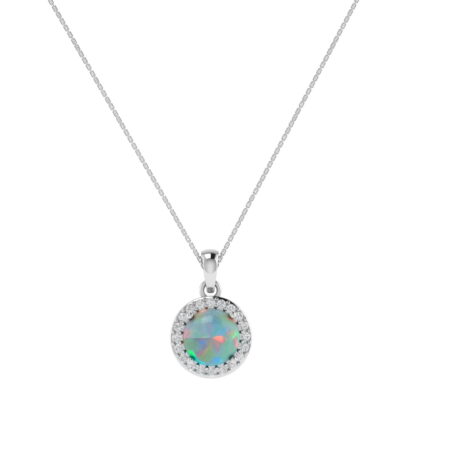 Diana Round Opal and Shining Diamond Pendant in 18K White Gold (1.3ct)