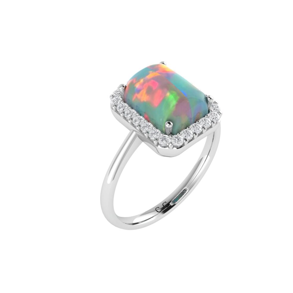 Diana Emerald Cut Opal and Shining Diamond Ring in 18K Gold (0.35ct)