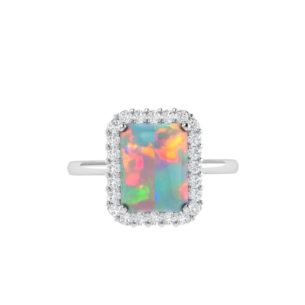 Diana Emerald Cut Opal and Shining Diamond Ring in 18K Gold (0.35ct)