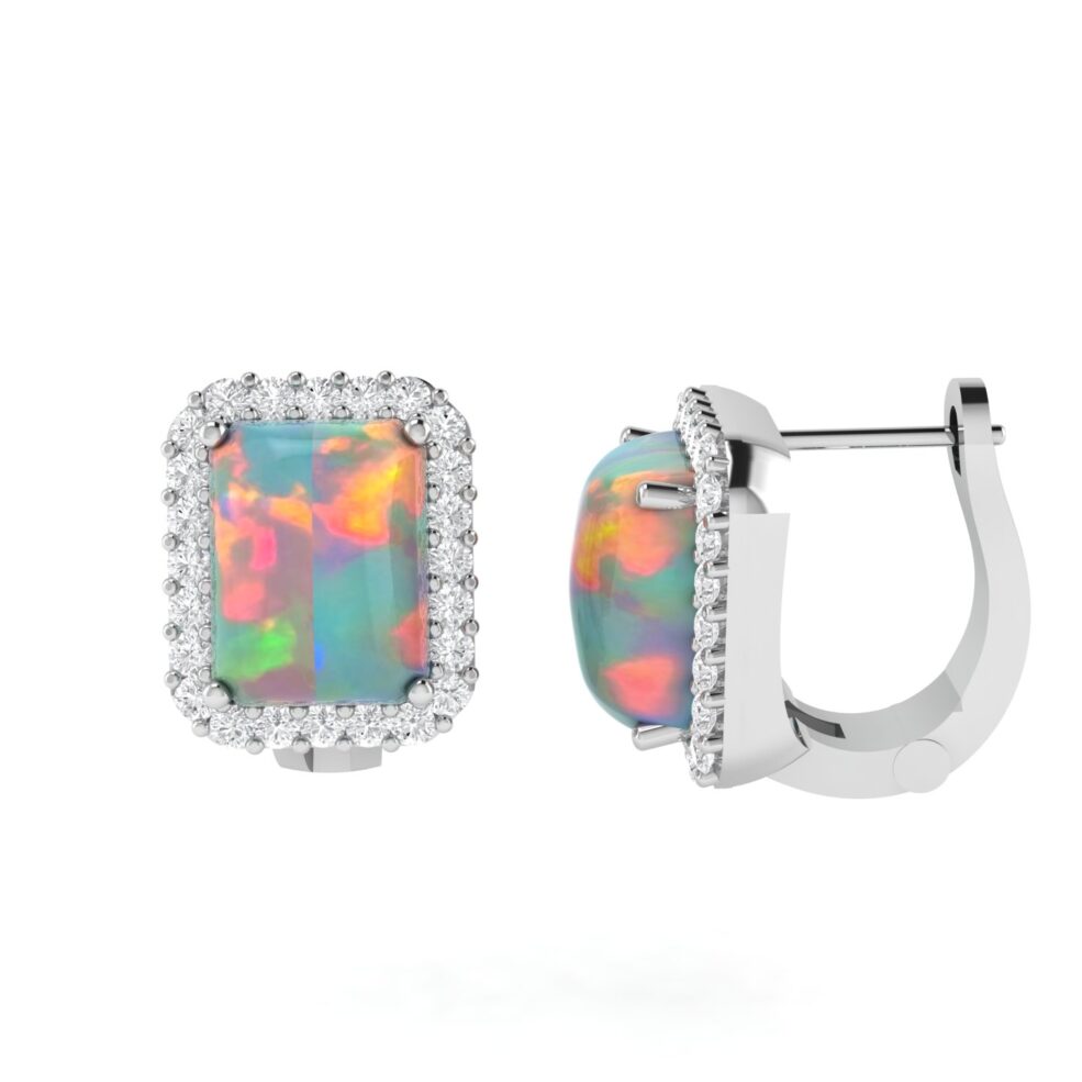Diana Emerald Cut Opal and Shining Diamond Earrings in 18K Gold (0.7ct)