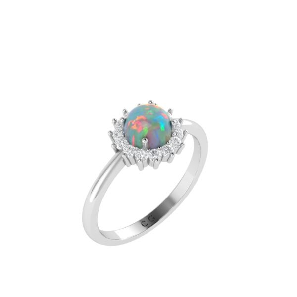 Diana Round Opal and Shining Diamond Ring in 18K White Gold (0.57ct)