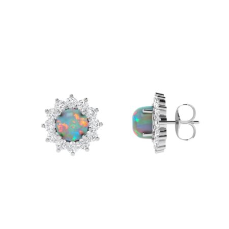 Diana Round Opal and Gleaming Diamond Earrings in 18K White Gold (1.14ct)