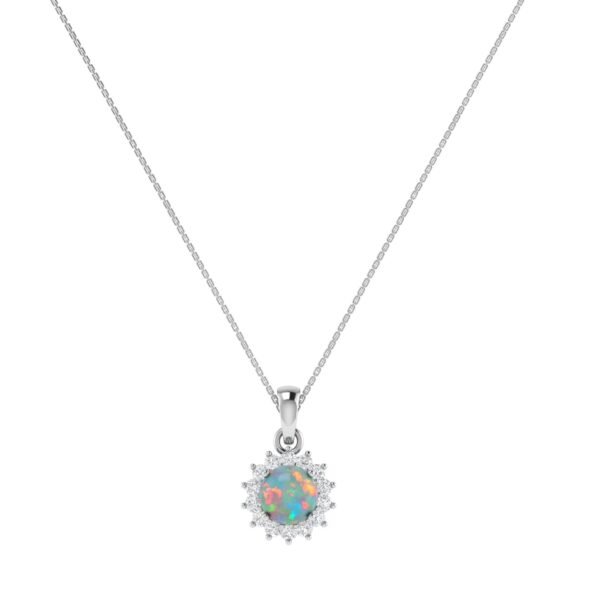 Diana Round Opal and Shining Diamond Pendant in 18K White Gold (0.57ct)