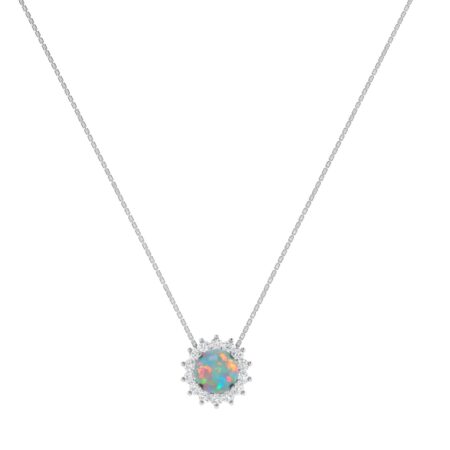 Diana Round Opal and Shining Diamond Necklace in 18K Gold (0.34ct)