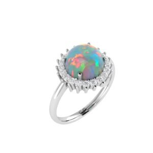 Diana Round Opal and Shining Diamond Ring in 18K Gold (0.83ct)
