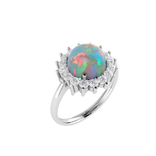 Diana Round Opal and Gleaming Diamond Ring in 18K White Gold (1.3ct)
