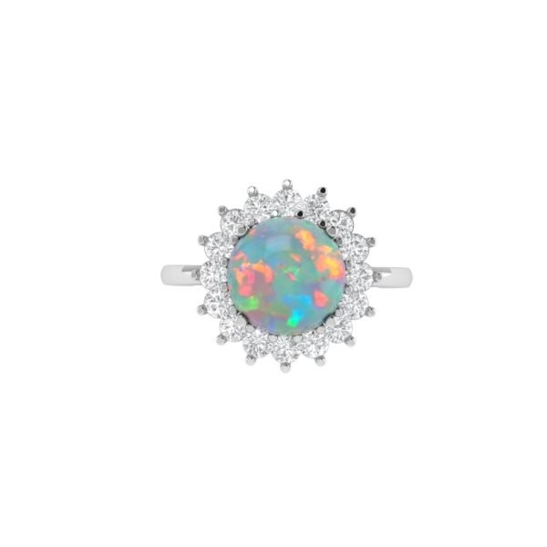 Diana Round Opal and Gleaming Diamond Ring in 18K White Gold (1.3ct)