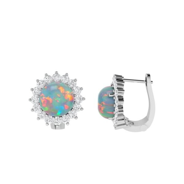 Diana Round Opal and Gleaming Diamond Earrings in 18K White Gold (2.6ct)