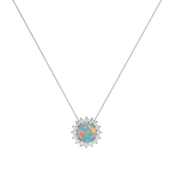 Diana Round Opal and Gleaming Diamond Necklace in 18K White Gold (1.3ct)