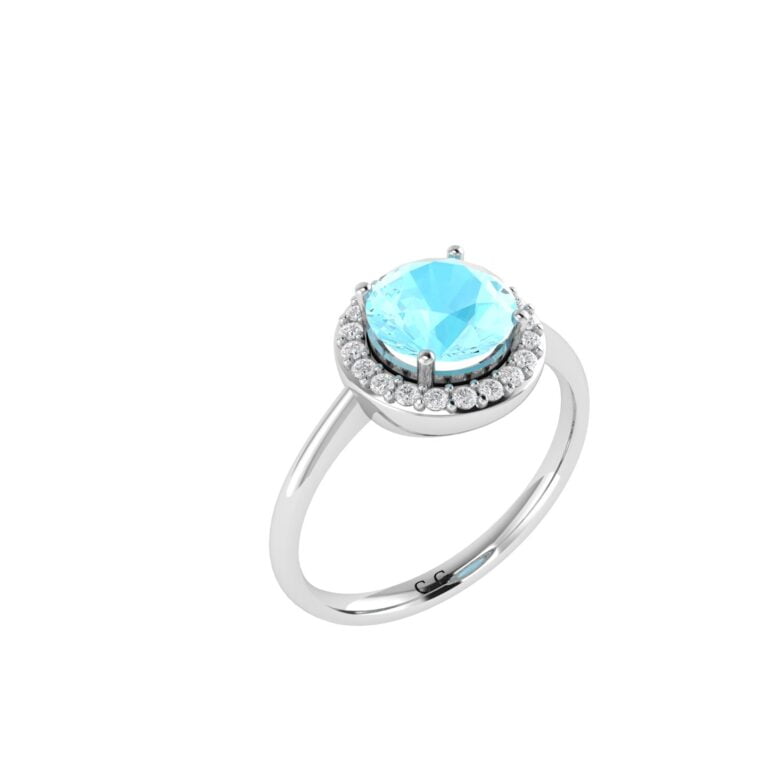 Diana Round Aquamarine and Gleaming Diamond Ring in 18K White Gold (2.2ct)