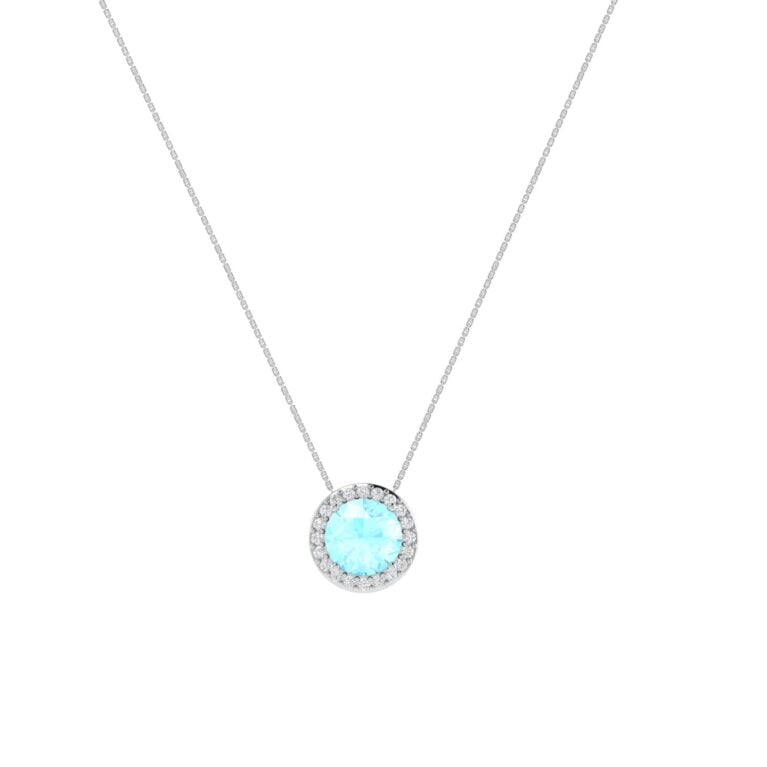 Diana Round Aquamarine and Gleaming Diamond Necklace in 18K White Gold (2.2ct)