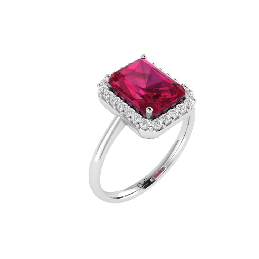 Diana Emerald Cut Ruby and Glistering Diamond Ring in 18K Gold (0.85ct)